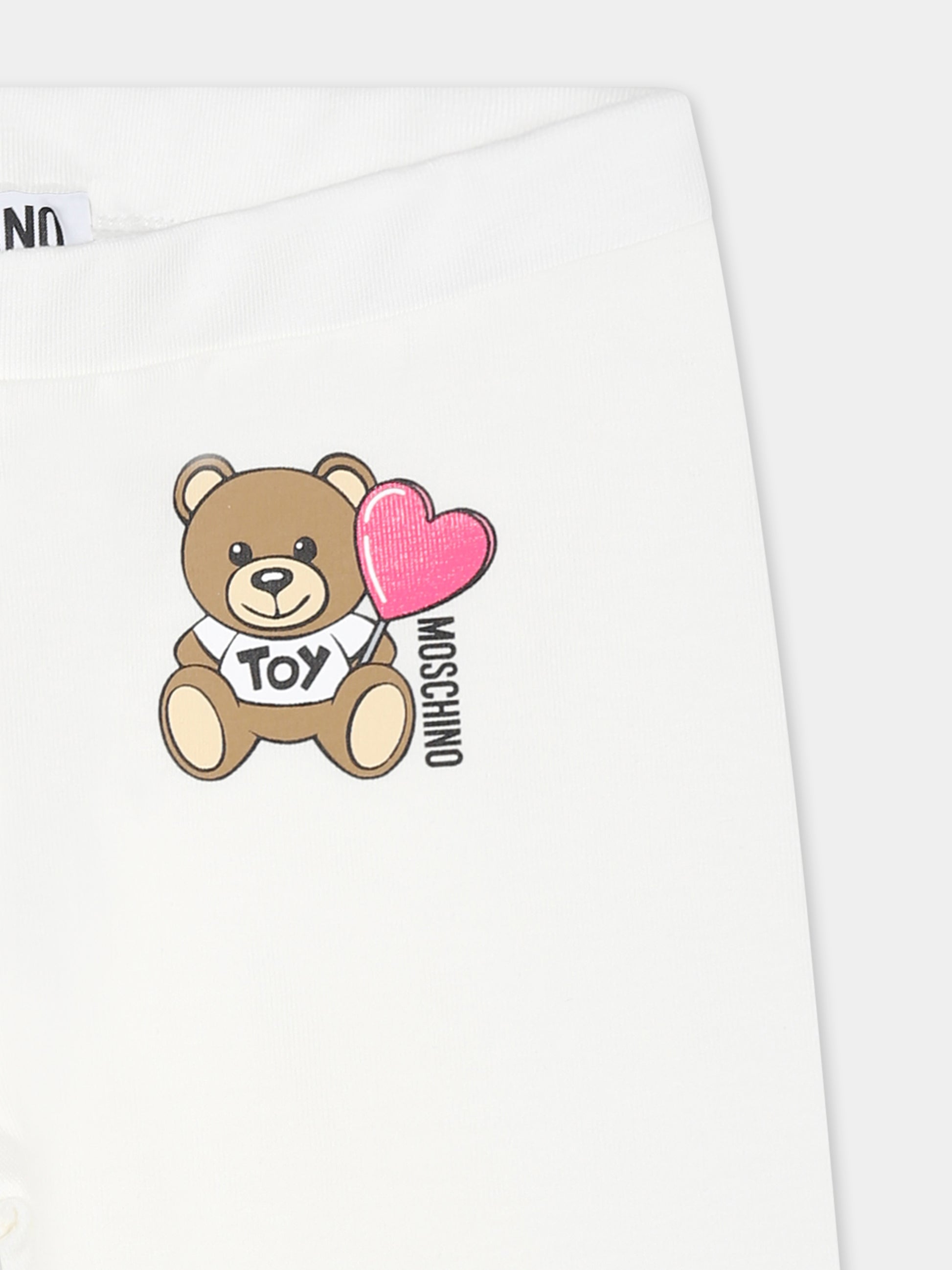 Leggings avorio per neonata con Teddy Bear e cuore,Moschino Kids,MEP032 LBA00 10063