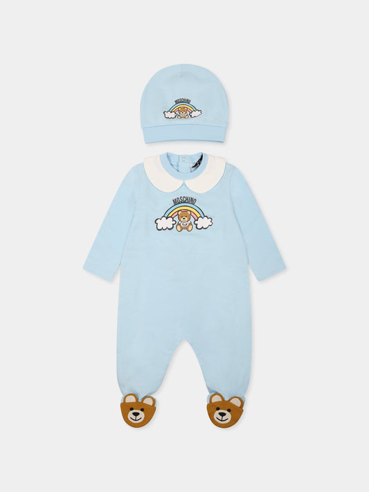 Set tutina celeste per neonato con Teddy Bear e arcobaleno,Moschino Kids,MMY065 LCA19 40304