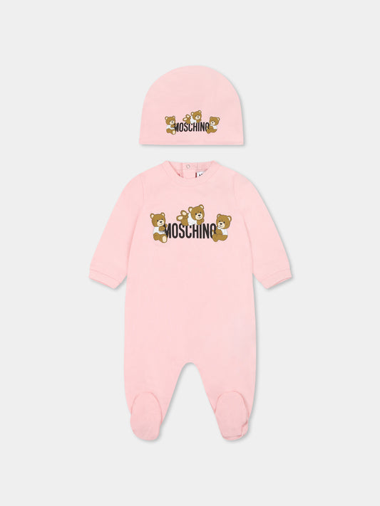 Set tutina rosa per neonata con tre Teddy Bears,Moschino Kids,MOY05Z LAA03 50209