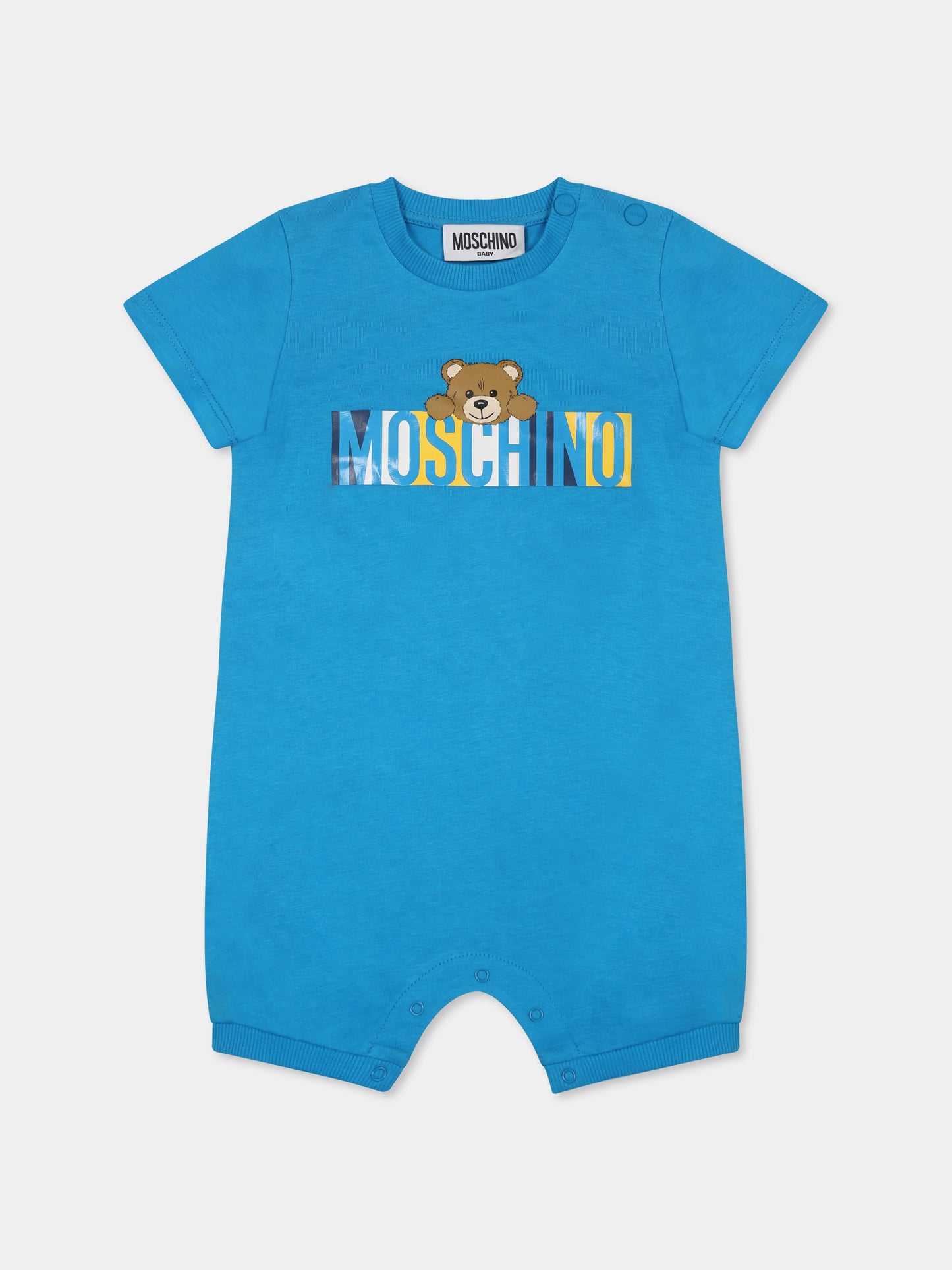 Pagliaccetto azzurro per neonato con Teddy Bear e logo,Moschino Kids,MPY022 LAA02 41047