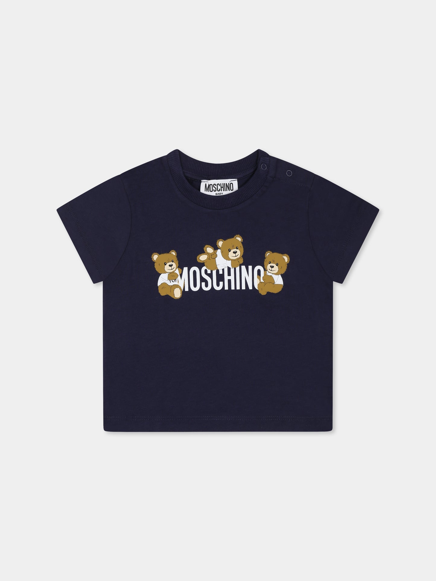 T-shirt blu per neonato con tre Teddy Bears,Moschino Kids,MUM04A LAA03 40016