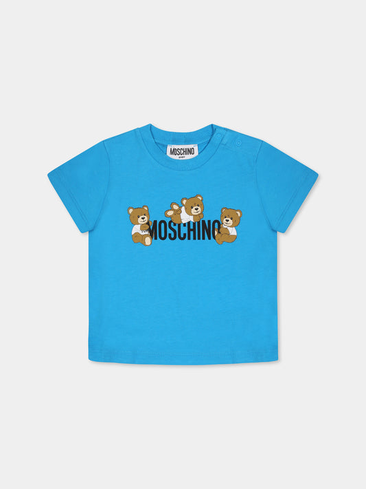 T-shirt azzurra per neonato con tre Teddy Bears,Moschino Kids,MUM04A LAA03 41047