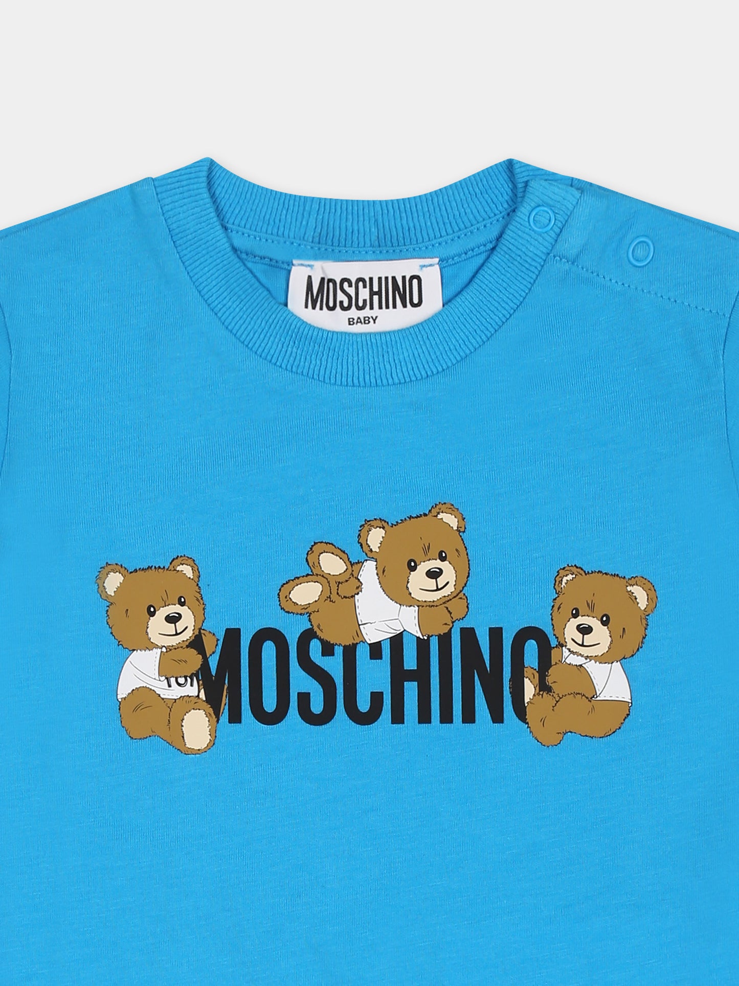 T-shirt azzurra per neonato con tre Teddy Bears,Moschino Kids,MUM04A LAA03 41047