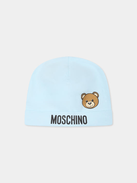 Berretto celeste per neonato con Teddy Bear e logo,Moschino Kids,MUX05A LBA00 40304