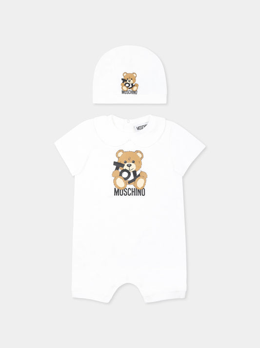 Set pagliaccetto bianco per neonati con Teddy Bear e logo nero,Moschino Kids,MUY07N LAA03 10101