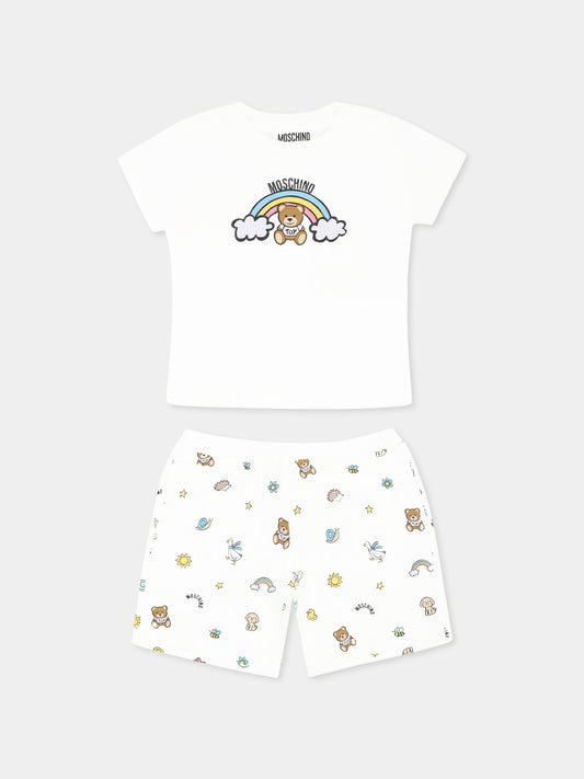Completo avorio per neonato con Teddy Bear e arcobaleno,Moschino Kids,MYG00M LABA6 10063