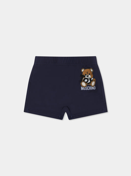 Blue swimsuit for babt boy with Teddy Bear and white logo