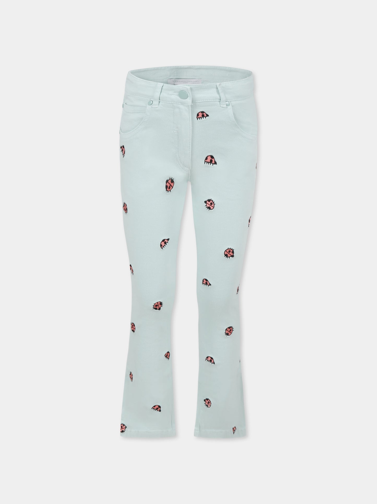 Green denim jeans for girl with ladybugs