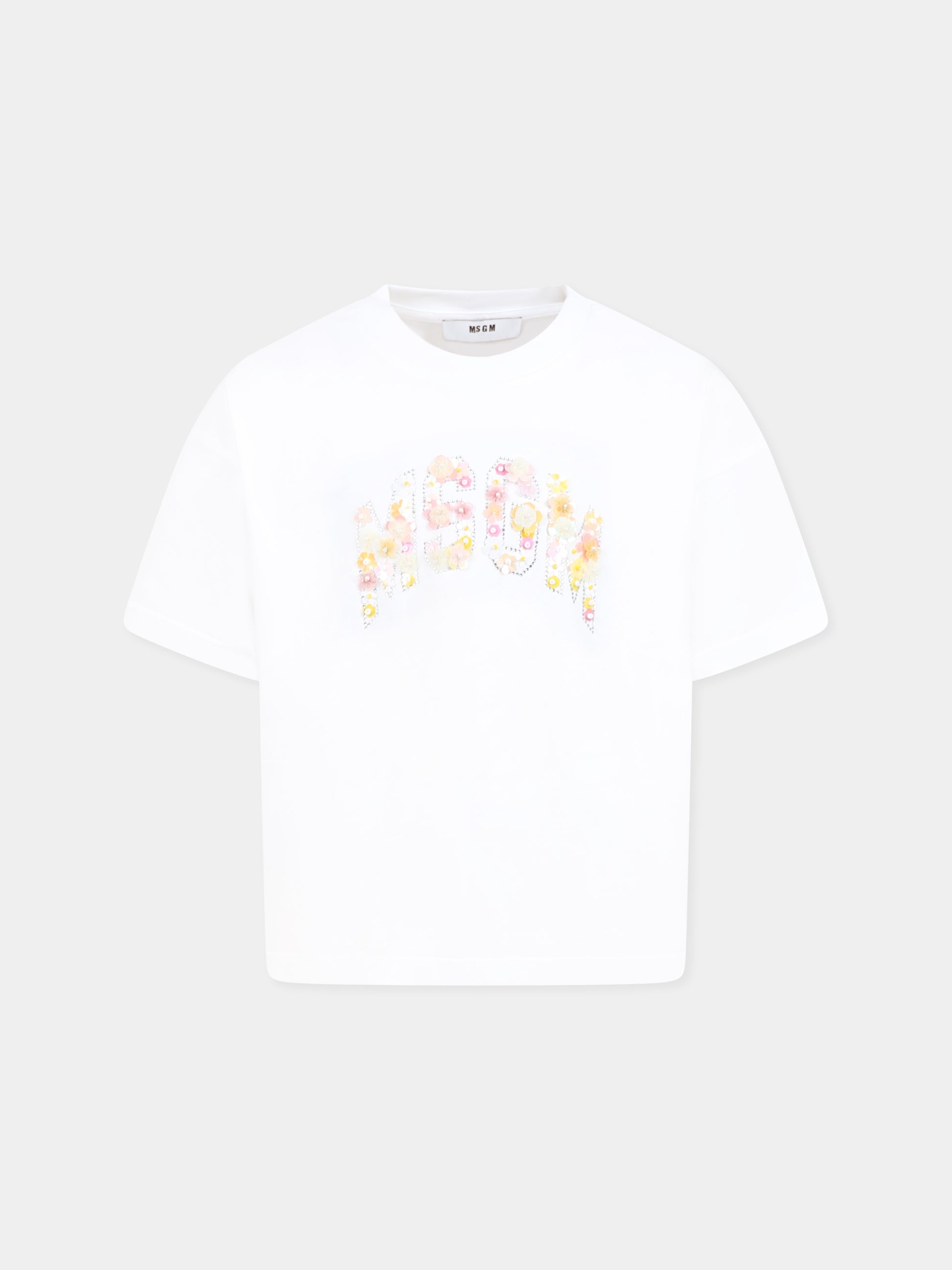 T-shirt bianca per bambina con logo e fiori,Msgm Kids,S5MSJGTH105 001