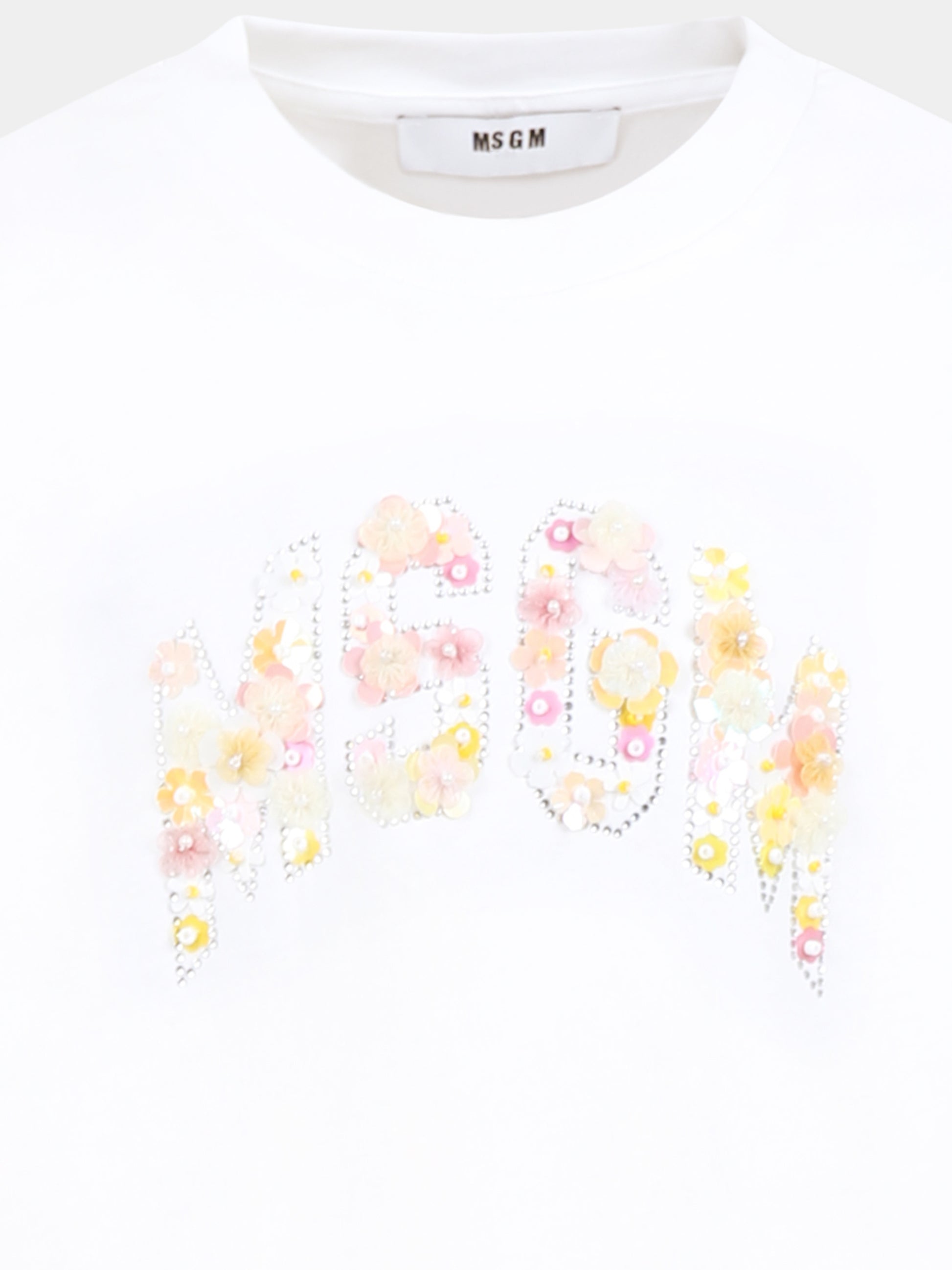 T-shirt bianca per bambina con logo e fiori,Msgm Kids,S5MSJGTH105 001