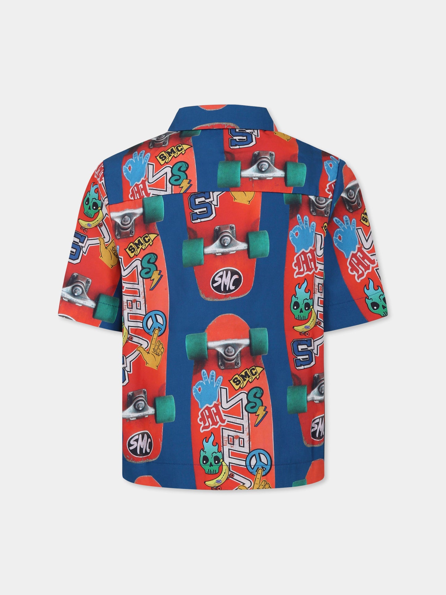 Camicia blu per bambino con skateboard all over,Stella Mccartney Kids,TW5P41 Z2664 60JMC