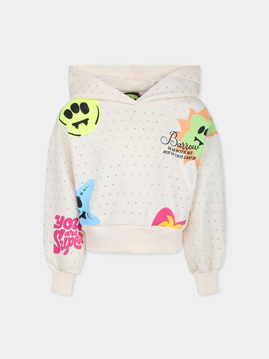 Felpa crop avorio per bambina con smile e strass,Barrow,S5BKJGHS140 013