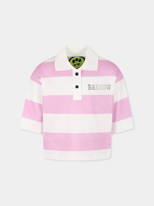 Polo crop rosa per bambina con logo e strass,Barrow,S5BKJGPO101 BW014/04