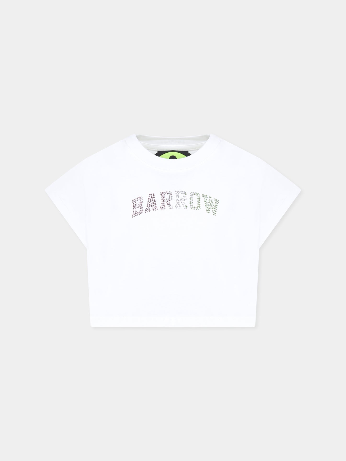 T-shirt crop bianca per bambina con logo e strass,Barrow,S5BKJGTH111 002