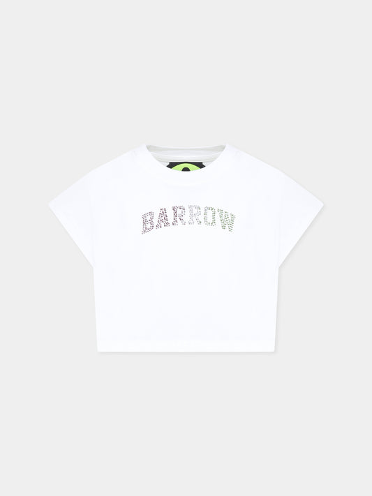 T-shirt crop bianca per bambina con logo e strass,Barrow,S5BKJGTH111 002