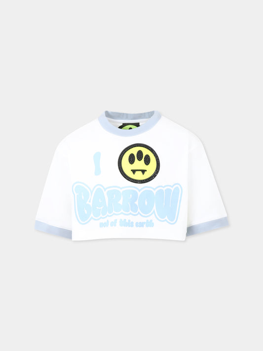 T-shirt crop bianca per bambina con smile e logo,Barrow,S5BKJGTH138 002