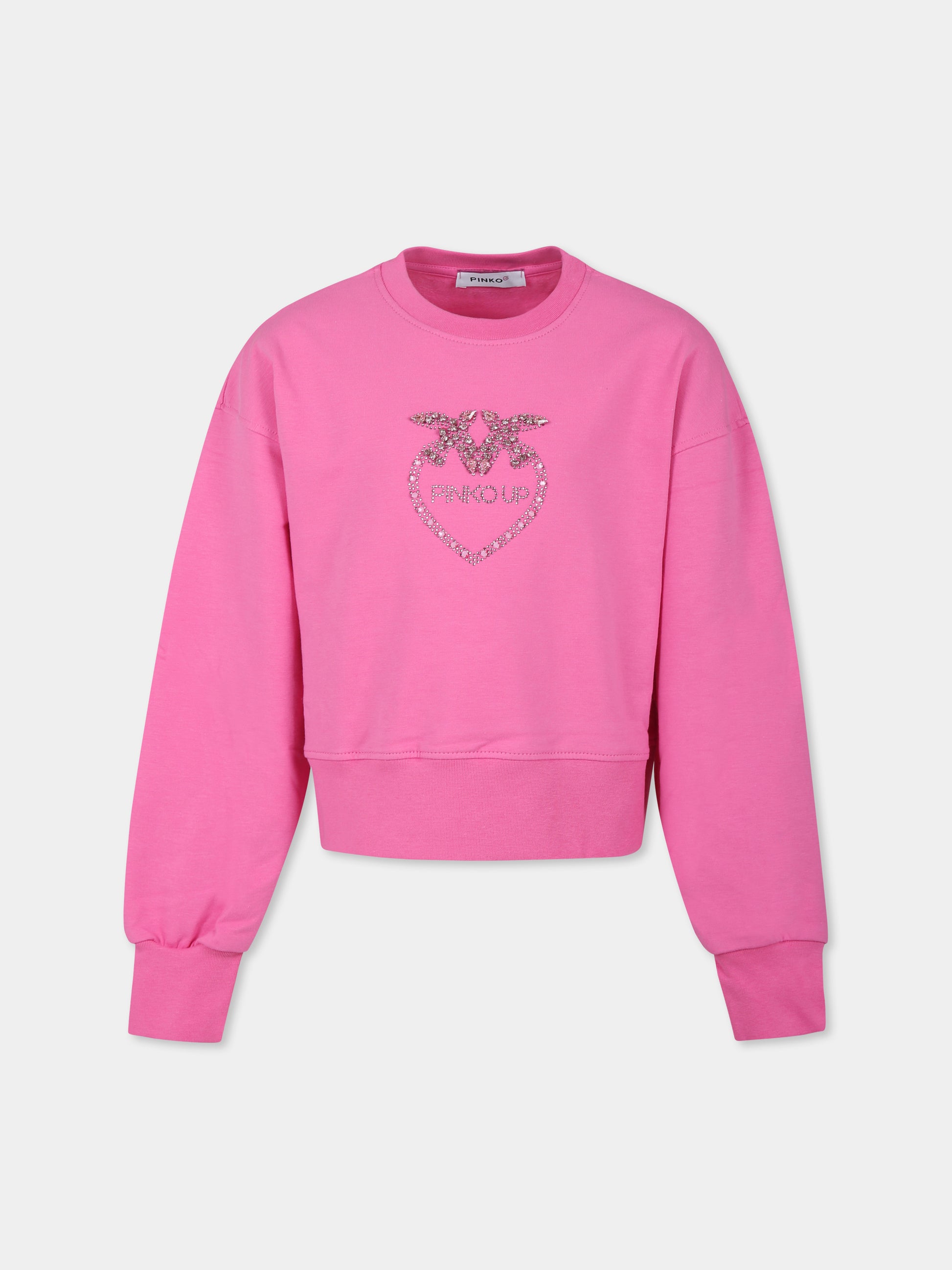 Felpa crop rosa per bambina con logo e strass,Pinko,S4PIBGSW133 045