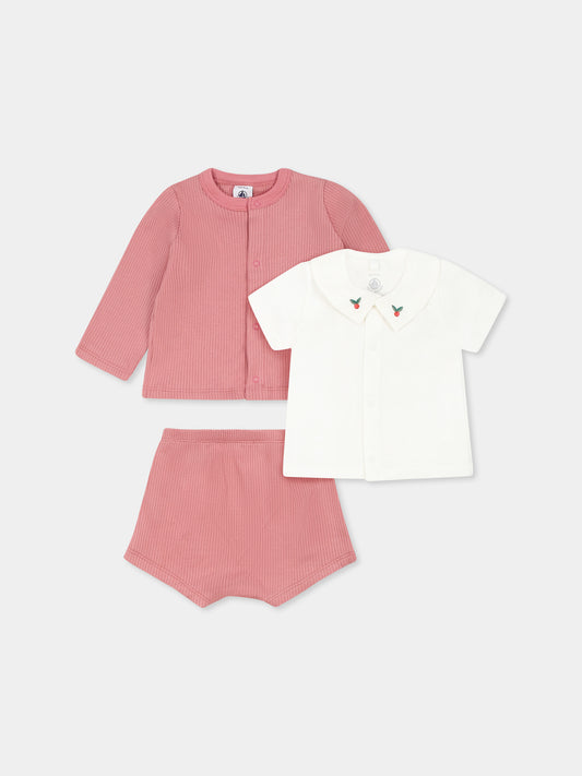 Completo rosa per neonata con ricami,Petit Bateau,A0CGP ROSEWOOD/MULTICO 01