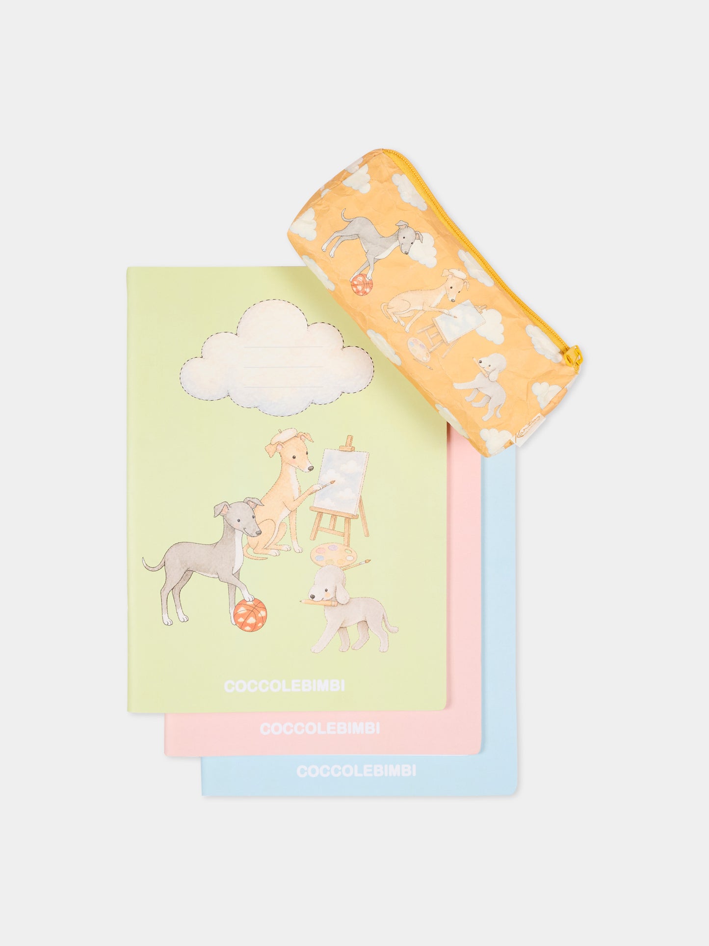 Set di 3 quaderni e astuccio stampa cani