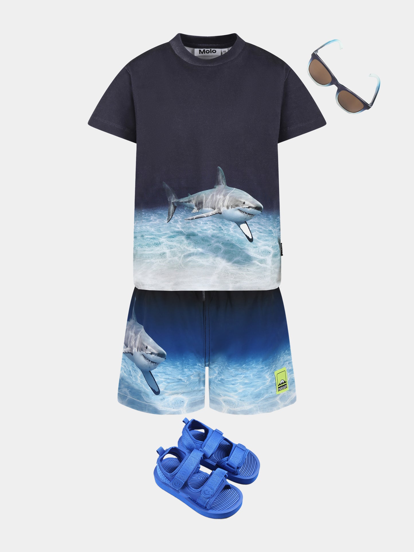 Blue swim shorts for boy with shark