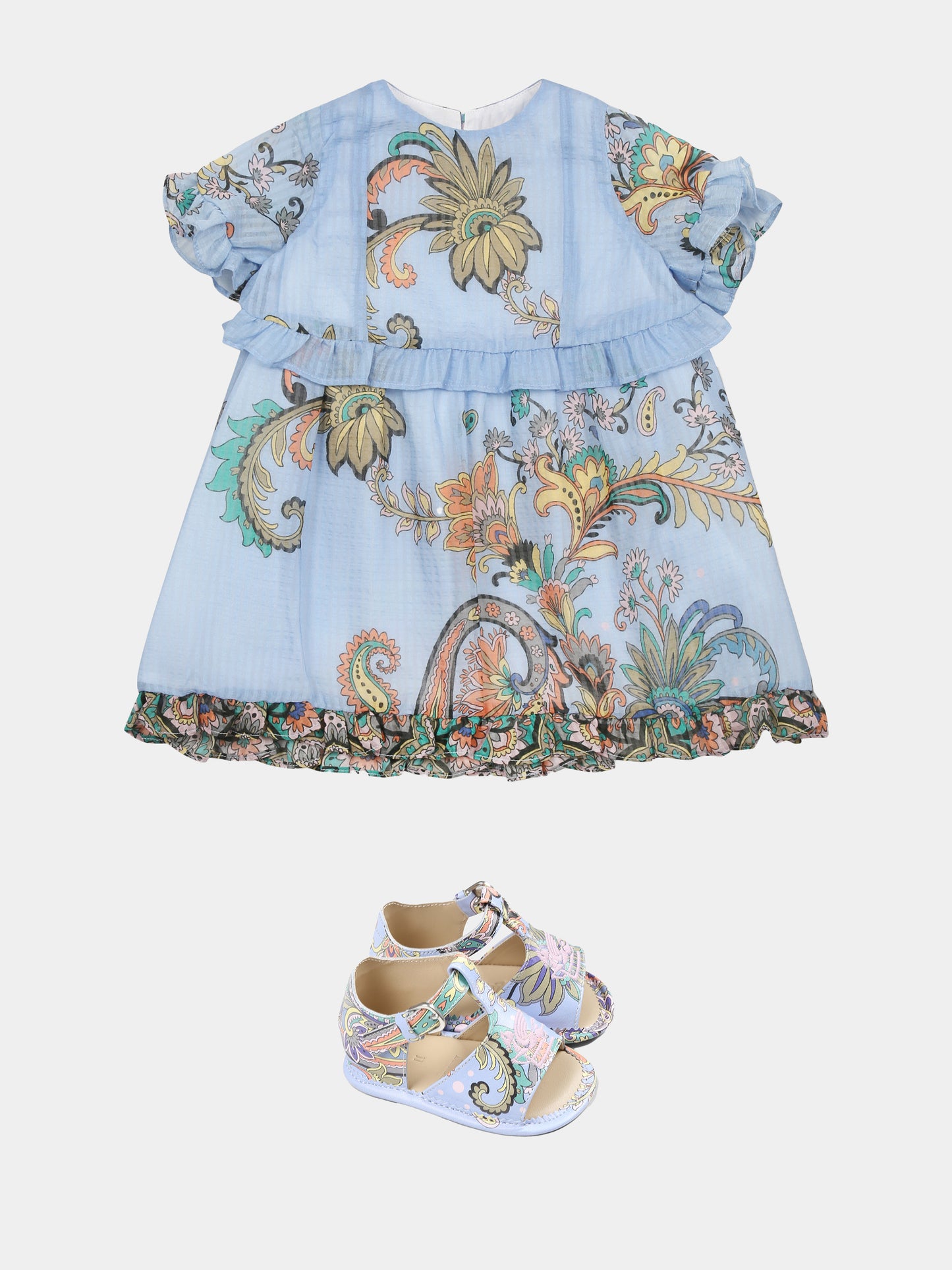 Light blue dress for baby girl with Paisley print