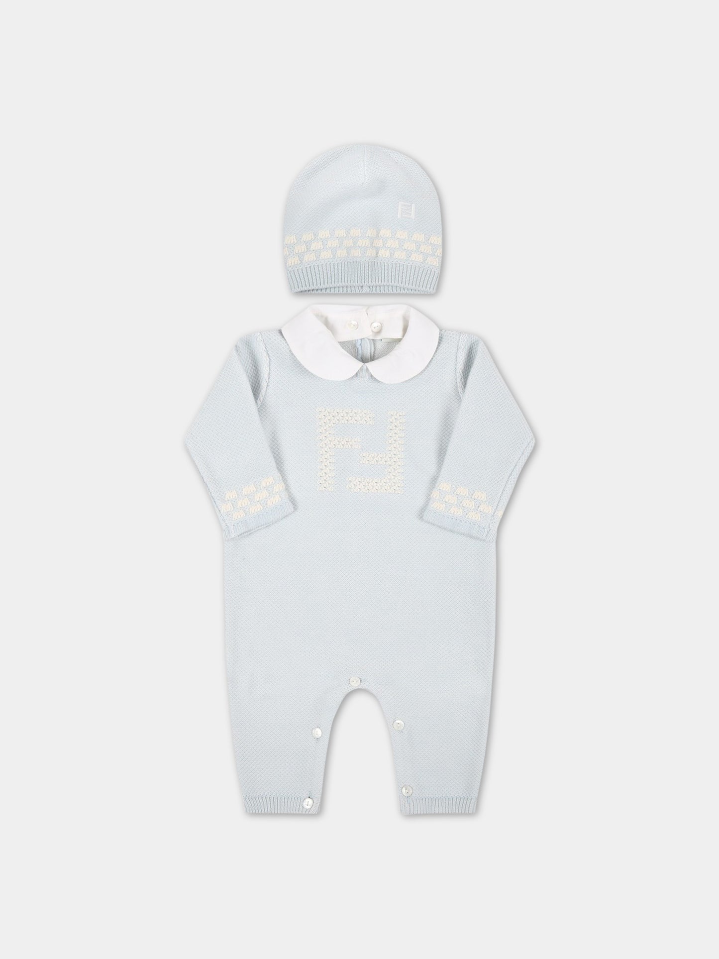 Set azzurro per neonato con doppie FF ricamate,Fendi Kids,BUG079 AG1M F19J4