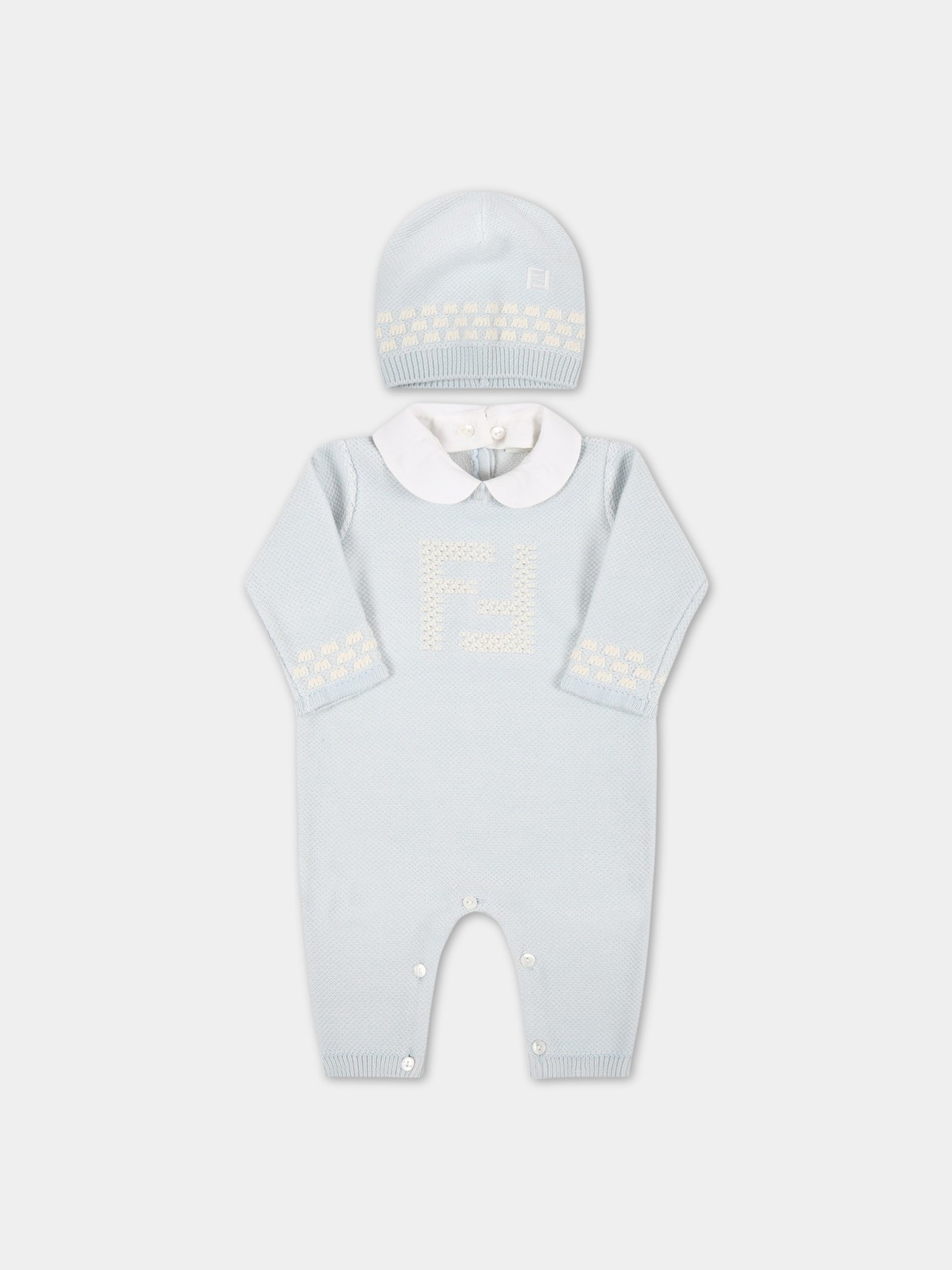 Set azzurro per neonato con doppie FF ricamate,Fendi Kids,BUG079 AG1M F19J4