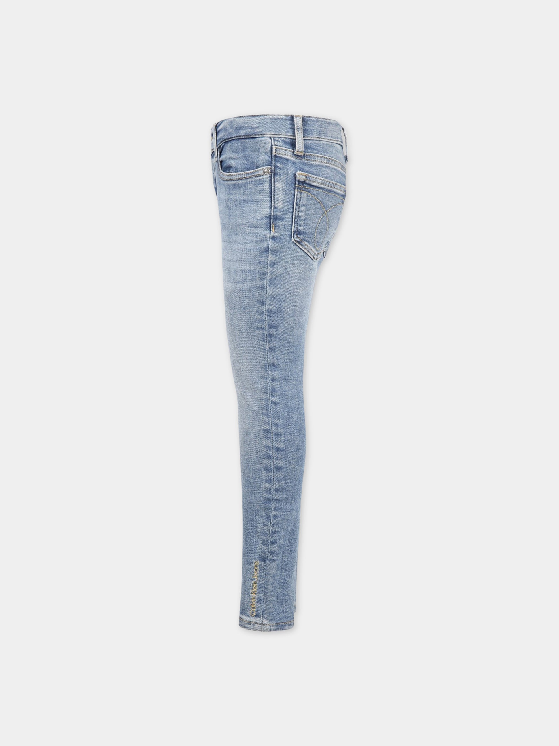 Jeans celeste per bambina con logo biege ricamato,Calvin Klein Kids,CKIG0IG01881 IG0IG01881 1A4