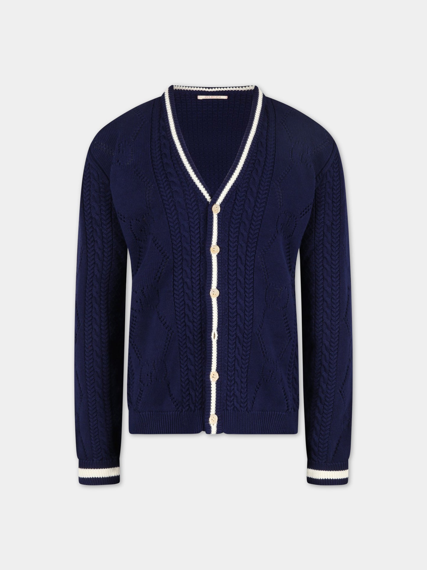 Cardigan blu per bambino con patch logato,Gucci Kids,713134 XKCR1 4347