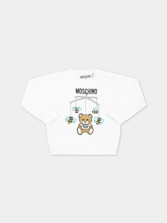 Felpa bianca per neonato con Teddy Bear e api,Moschino Kids,MWF03N LCA19 10063