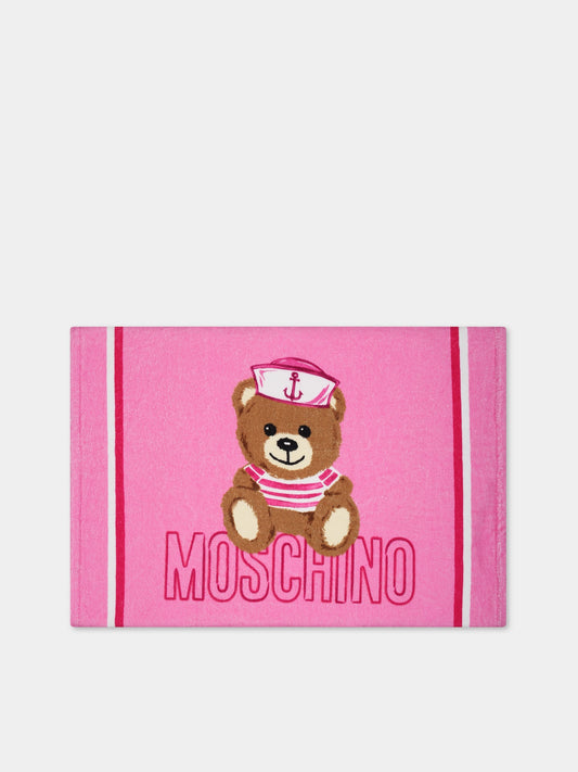 Telo-mare rosa per bambina con Teddy Bear e logo,Moschino Kids,HOX01B LGA15 51473