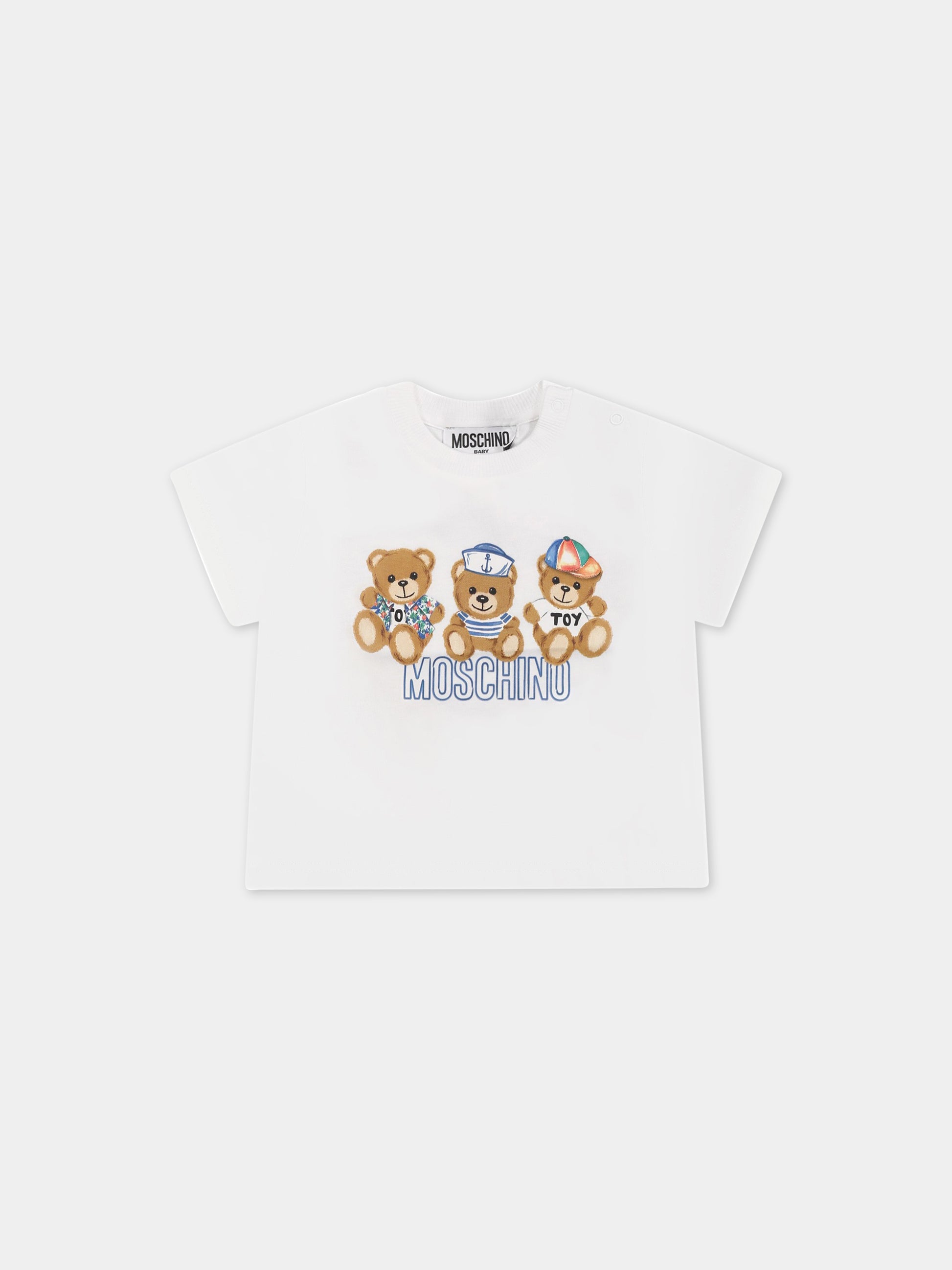 T-shirt bianca per neonati con Teddy Bear e logo,Moschino Kids,MRM032 LAA02 10101