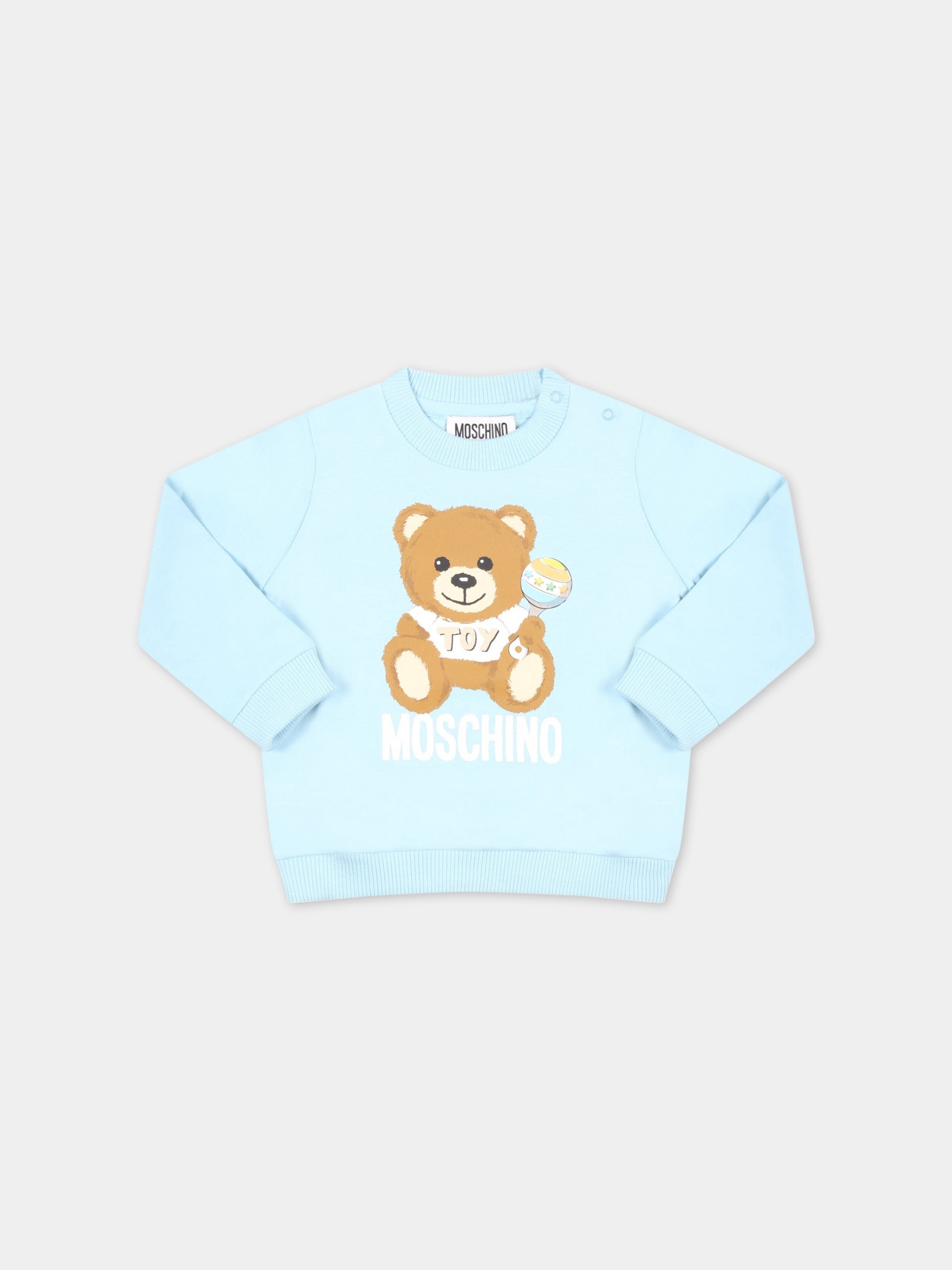 Felpa celeste per neonato con Teddy Bear e logo bianco,Moschino Kids,MMF04Q LCA19 40304