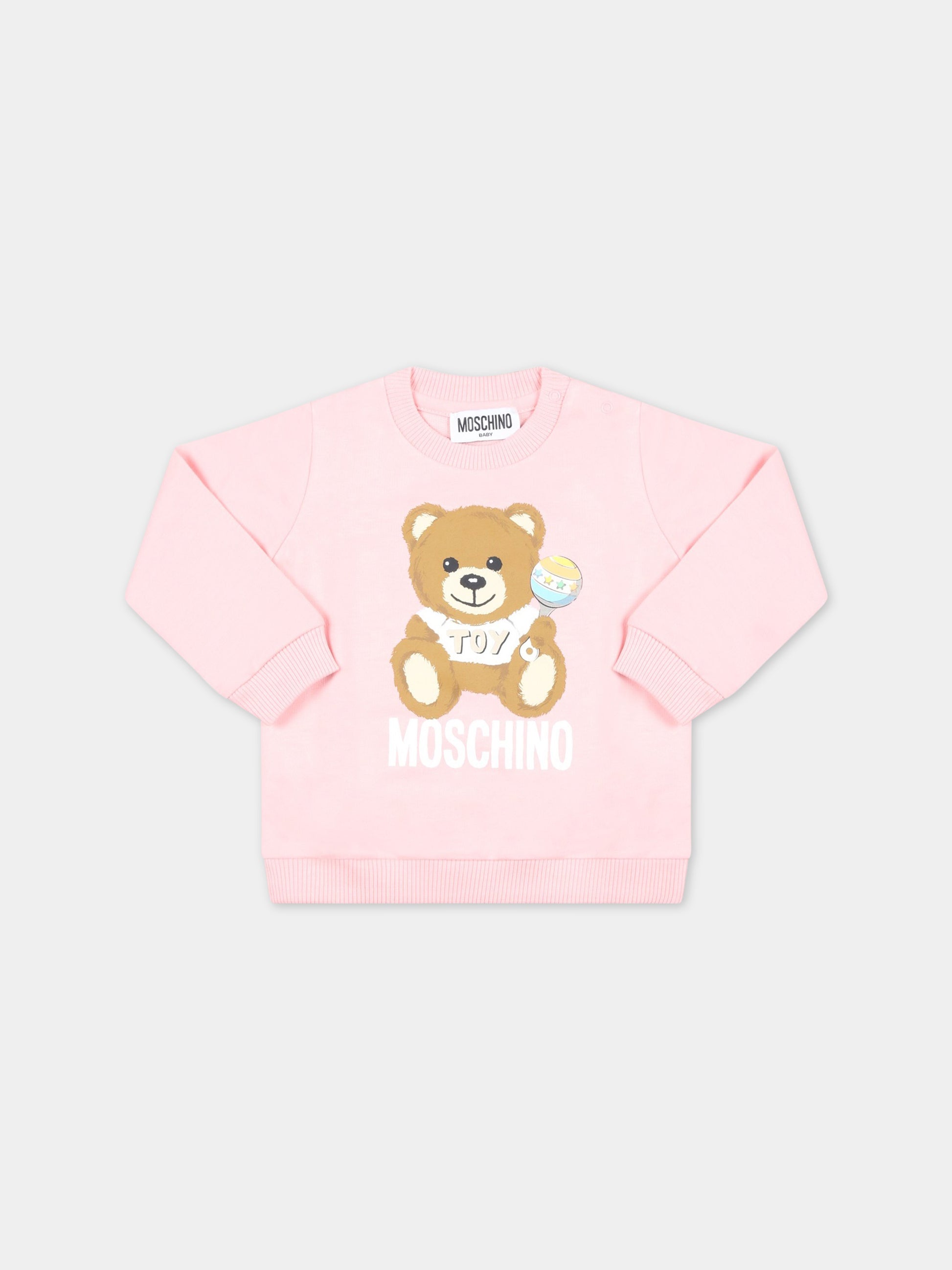 Felpa rosa per neonata con Teddy Bear e logo bianco,Moschino Kids,MMF04Q LCA19 50209
