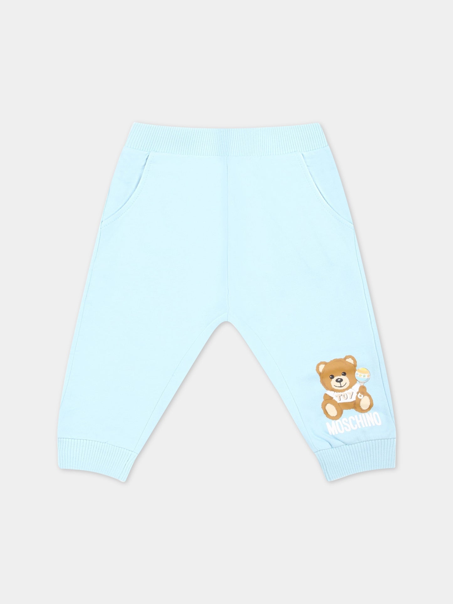 Pantaloni celesti da tuta per neonato con Teddy Bear,Moschino Kids,MZP02I LCA19 40304
