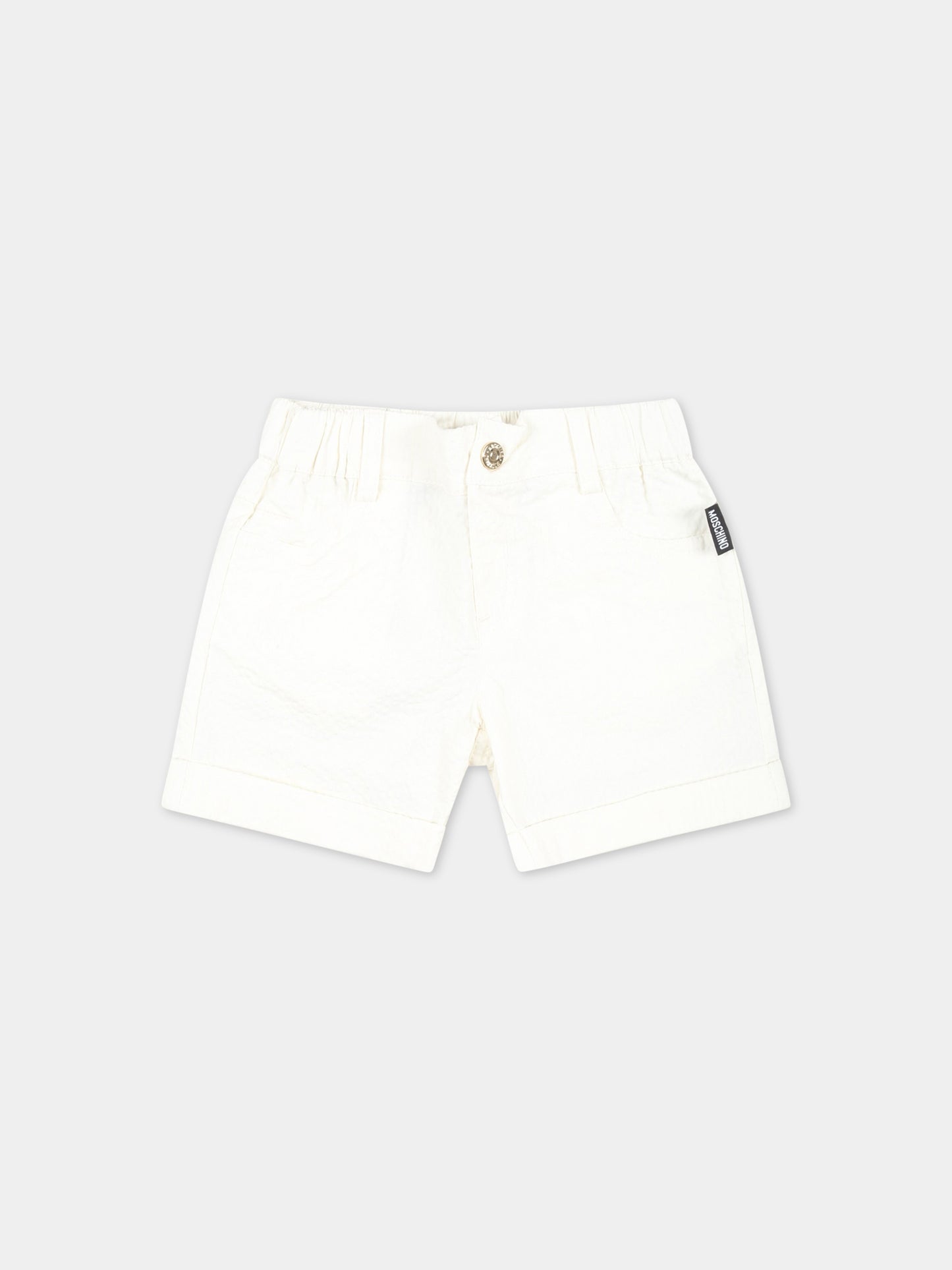 Bermuda bianchi per neonato con patch logato,Moschino Kids,MUQ00T LZA15 10063