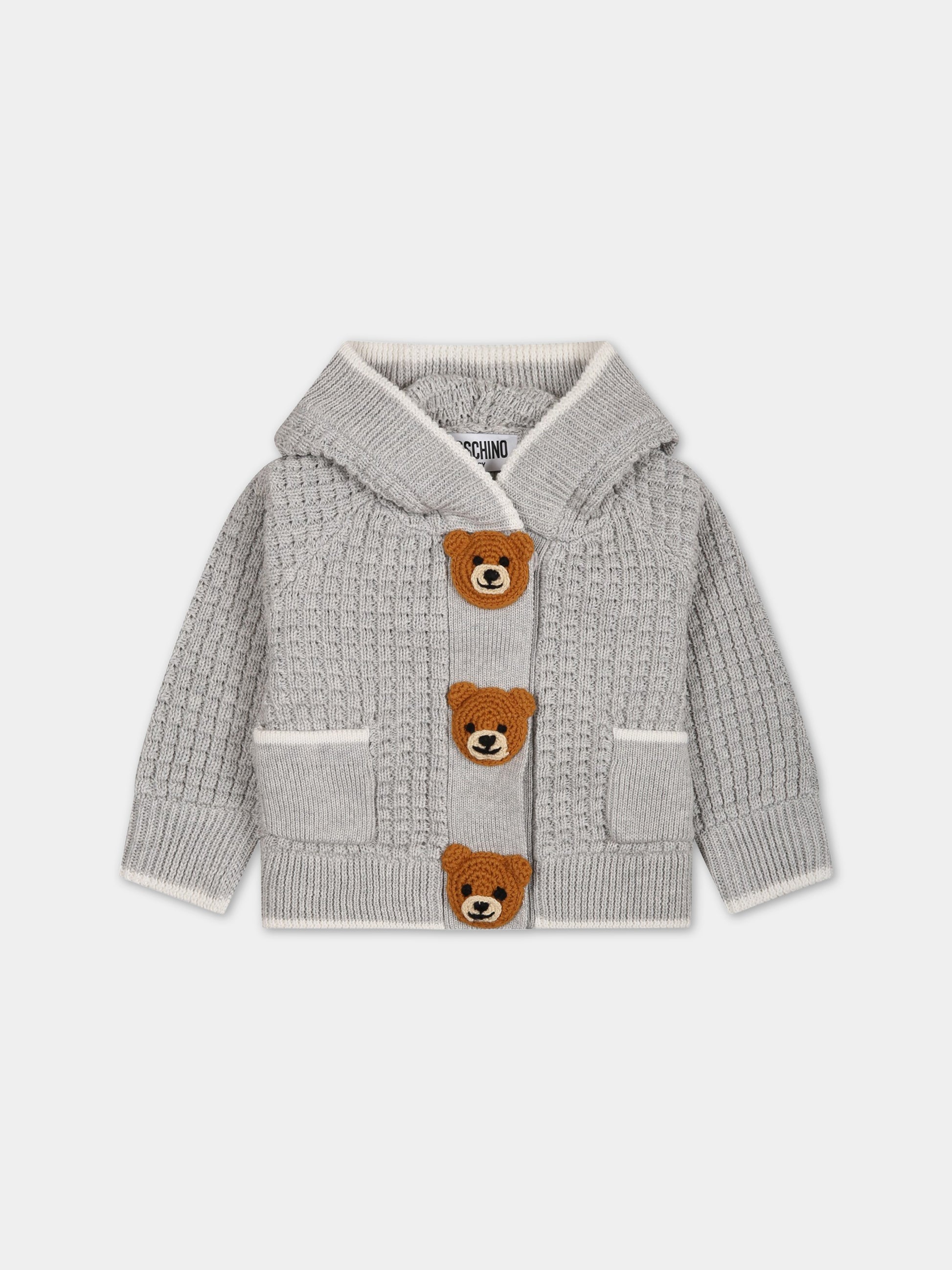 Cardigan grigio per neonato con Teddy bear,Moschino Kids,MUW00S LHE13 60926