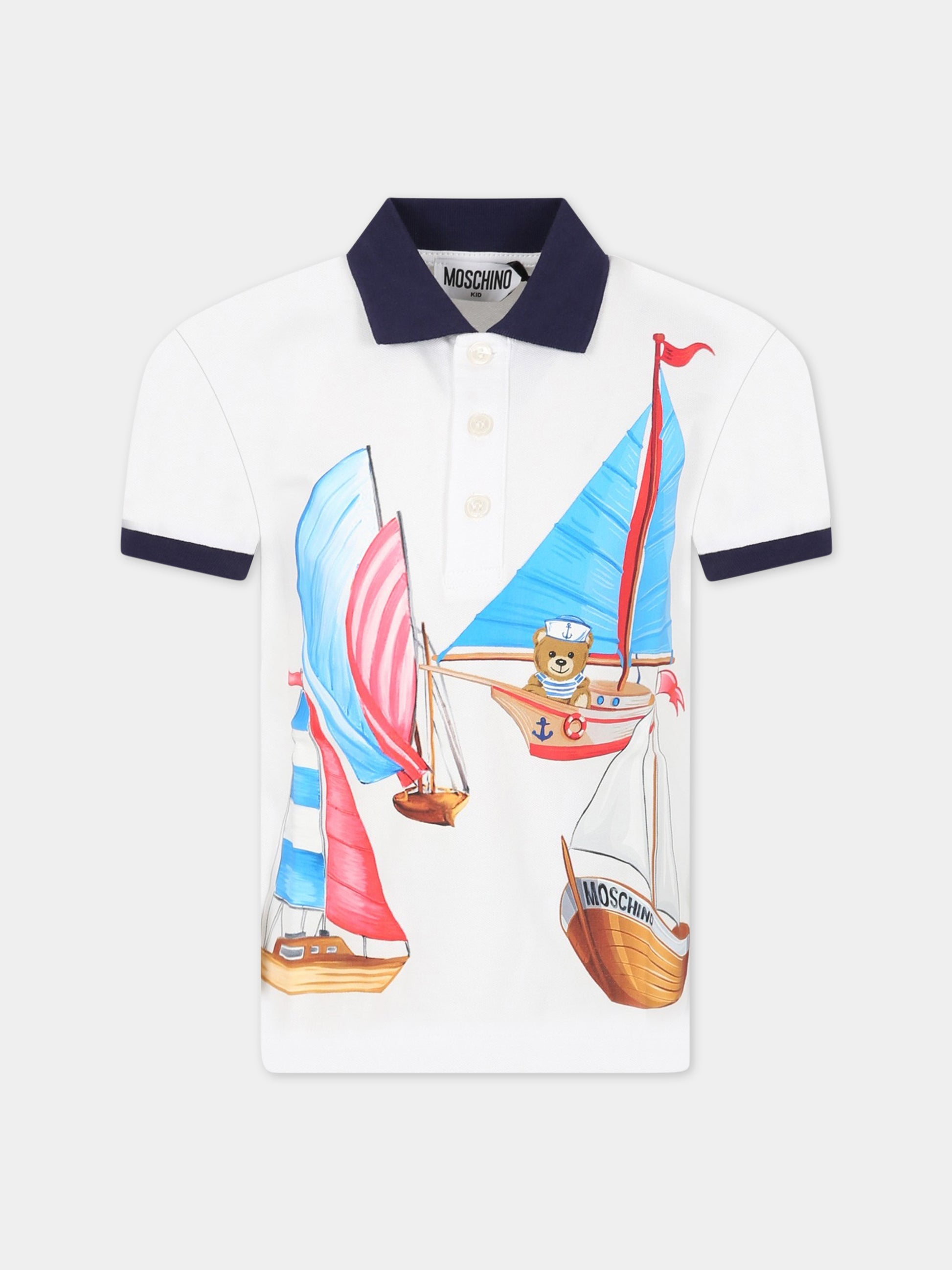 Polo bianca per bambino con stampa e Teddy Bear,Moschino Kids,HMM03Y LFA01 10101