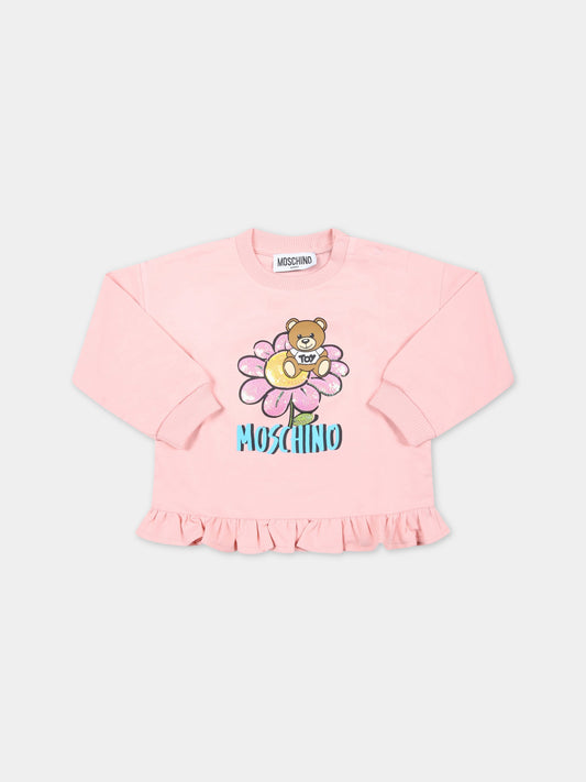 Felpa rosa per neonata con Teddy Bear e rouches,Moschino Kids,MDF02O LDA12 50209