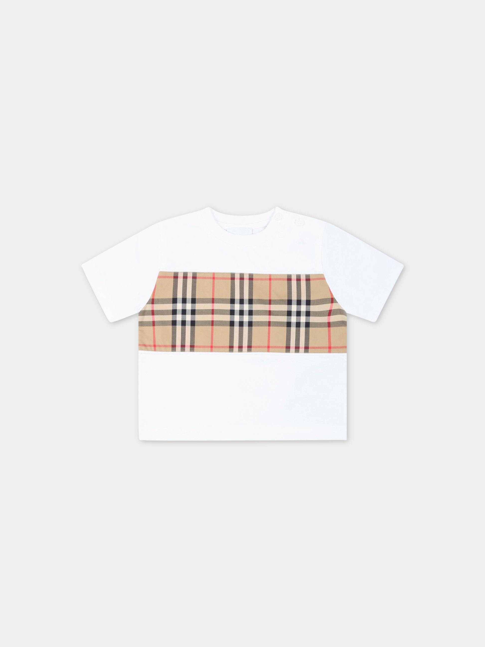 T-shirt bianca per neonati con check vintage e logo nero,Burberry Kids,8064810