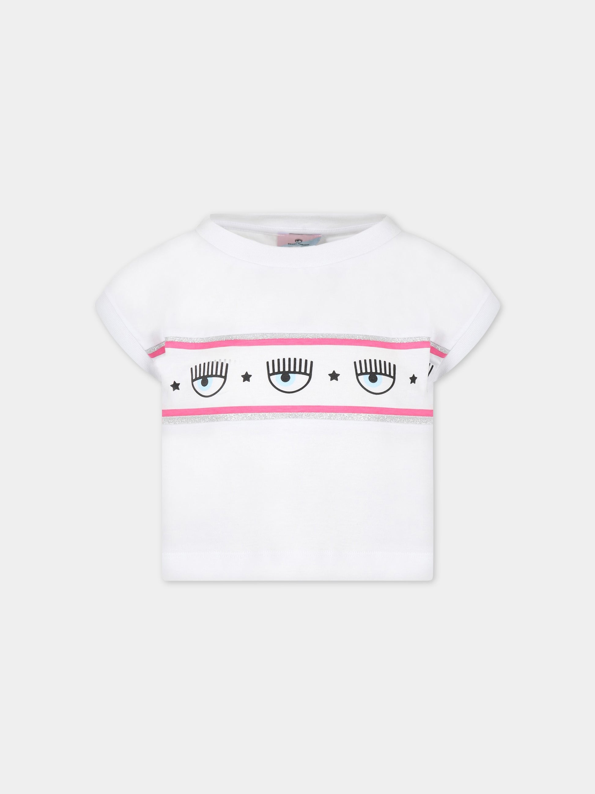 T-shirt bianca per bambina con iconici occhilini,Chiara Ferragni Collection,51A602 1205 0099