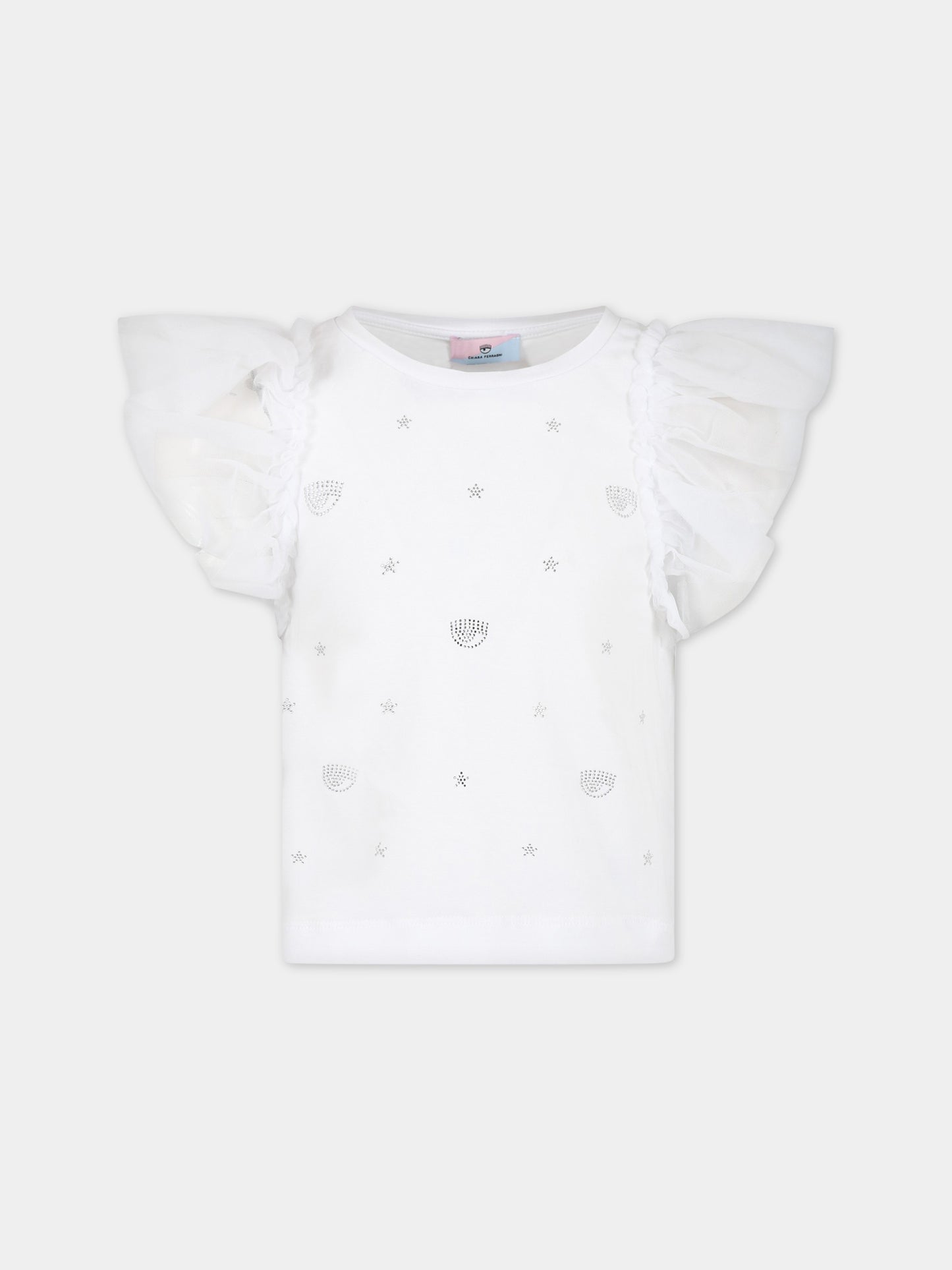 T-shirt bianca per bambina con iconici occhiolini e stelle,Chiara Ferragni Collection,51A607 1201 0099
