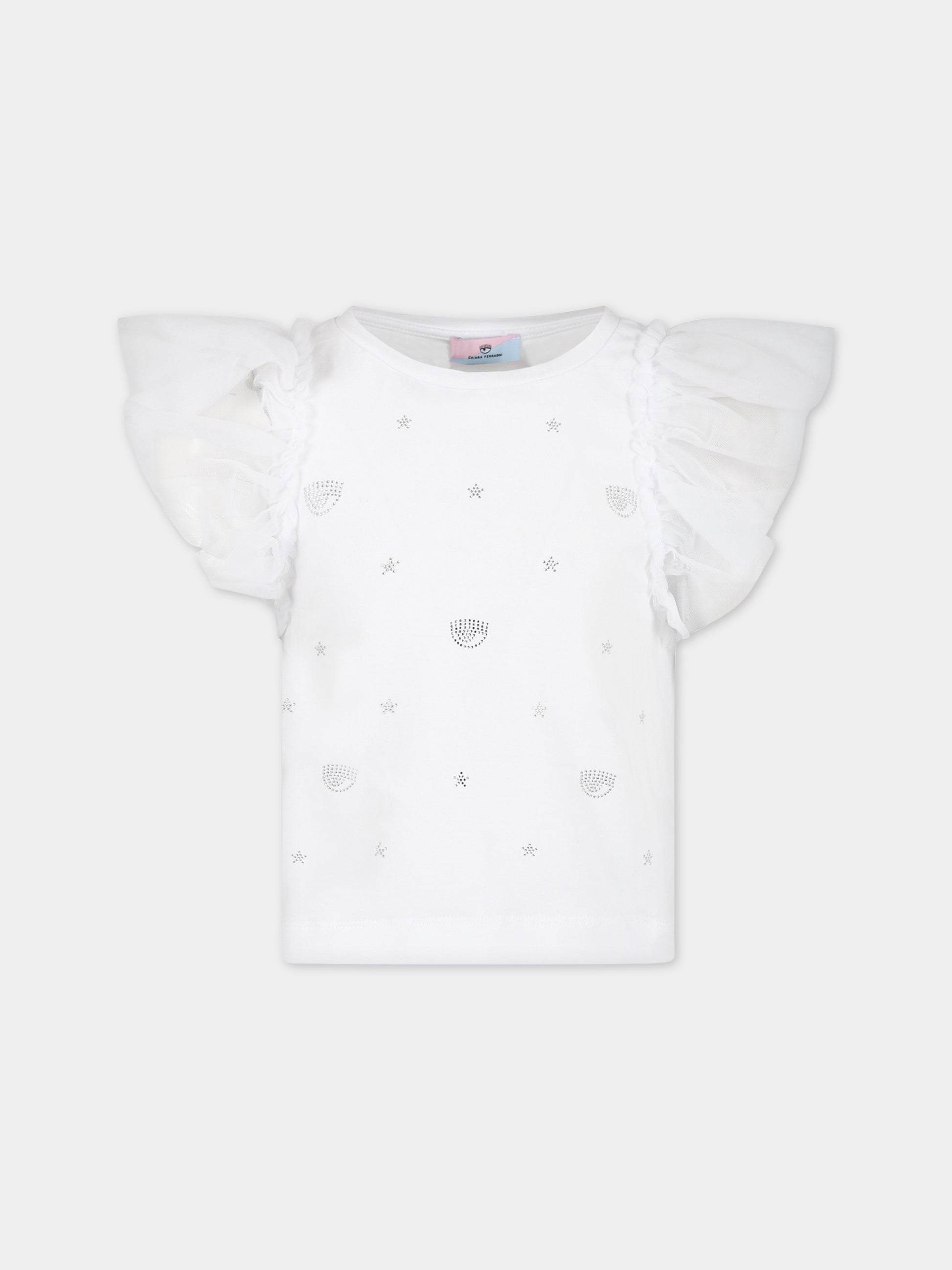 T-shirt bianca per bambina con iconici occhiolini e stelle,Chiara Ferragni Collection,51A607 1201 0099