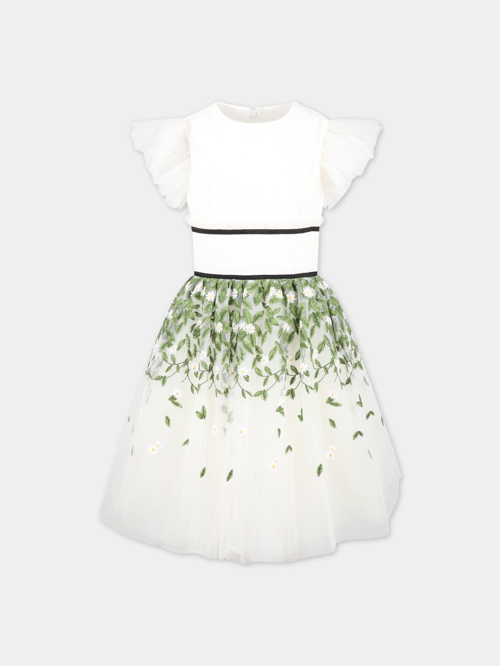 Vestito bianco per bambina con fiori e foglie,Monnalisa,71A912 1912 0123
