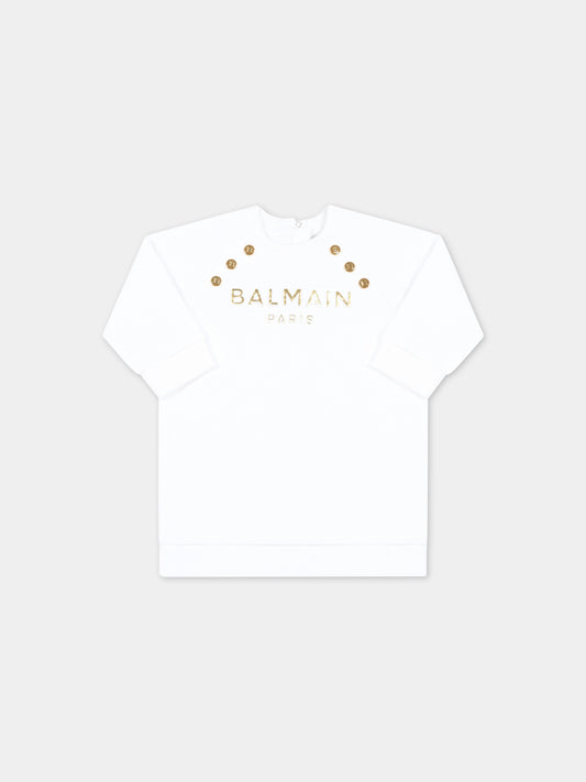 Vestito bianco per neonata con logo dorato,Balmain Kids,BS1000 Z0001 100OR