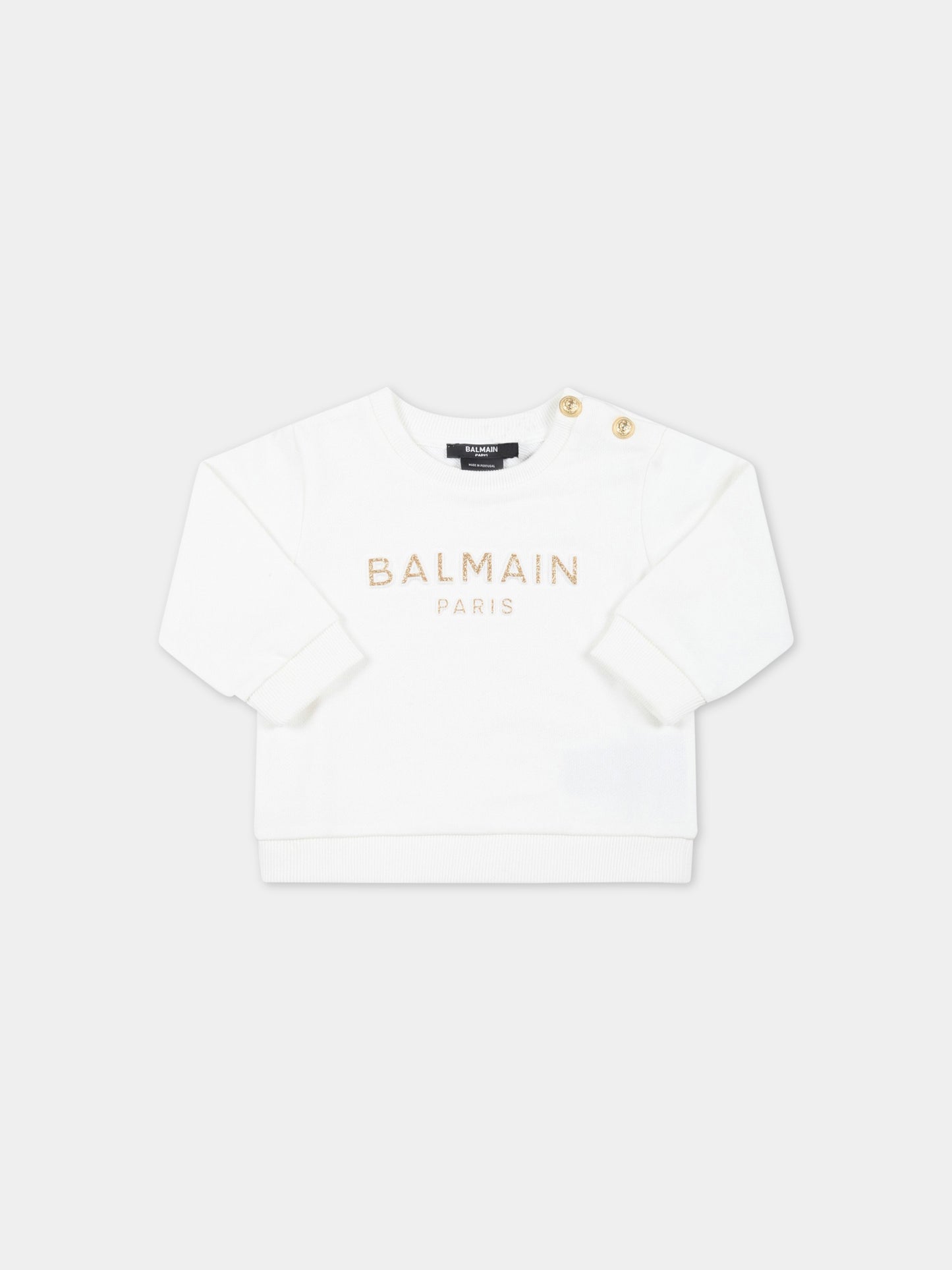 Felpa bianca per neonata con logo dorato,Balmain Kids,BS4000 Z0001 102
