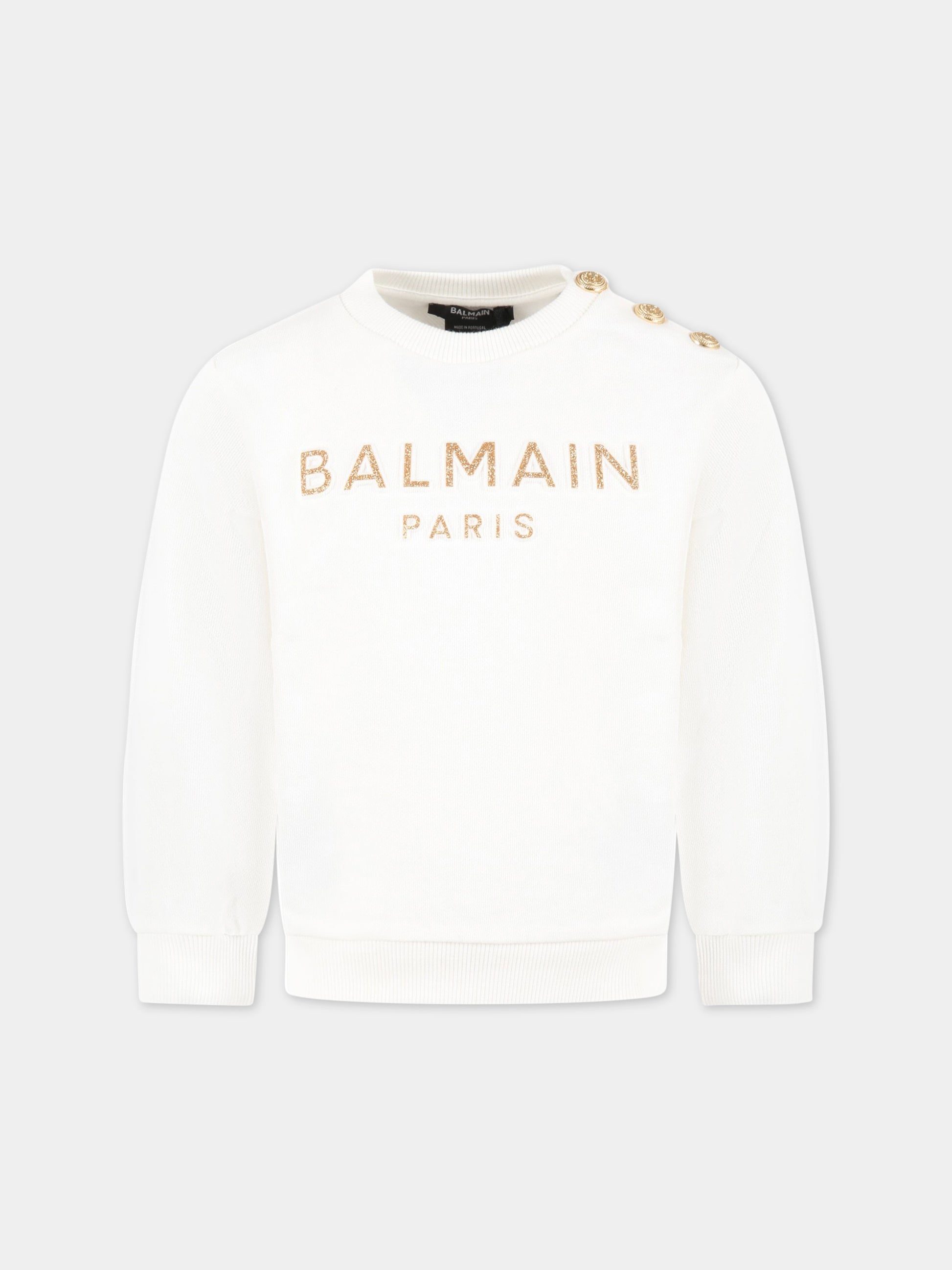 Felpa bianca per bambina con logo dorato,Balmain Kids,BS4A00 Z0001 102