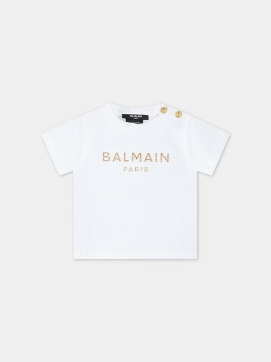 T-shirt bianca per bambini con logo dorato in rilievo,Balmain Kids,BS8001 Z0057 100OR