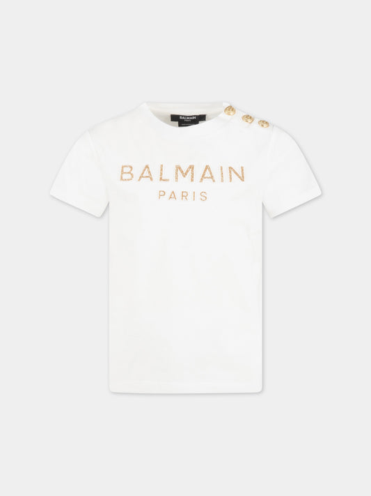 T-shirt bianca per bambina con logo dorato,Balmain Kids,BS8A01 Z0057 102