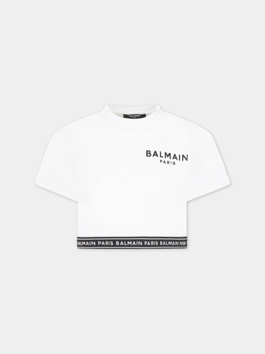 T-shirt bianca per bambina con logo nero,Balmain Kids,BS8A21 Z0082 100NE